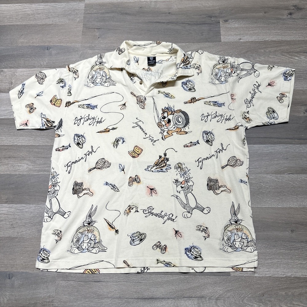 Warner Bros Men's Beige Polo Shirt Sz XL Taz Tazmanian Bugs Bunny All over Print - Picture 1 of 6